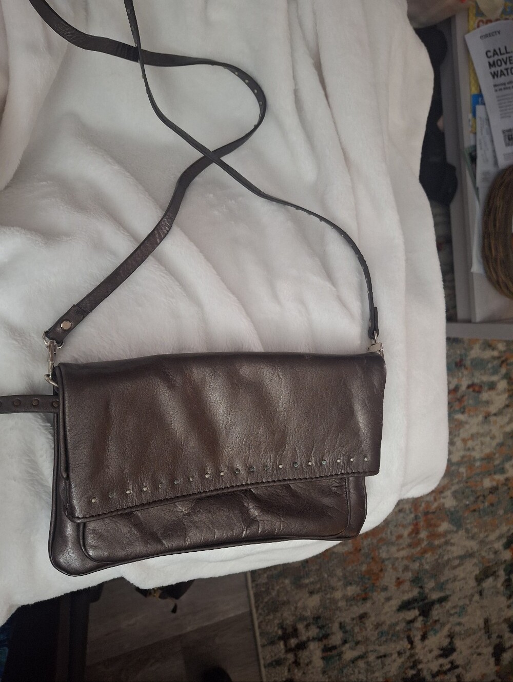 LATICO METALIC Brown Leather Crossbody Bag with Stud Accents